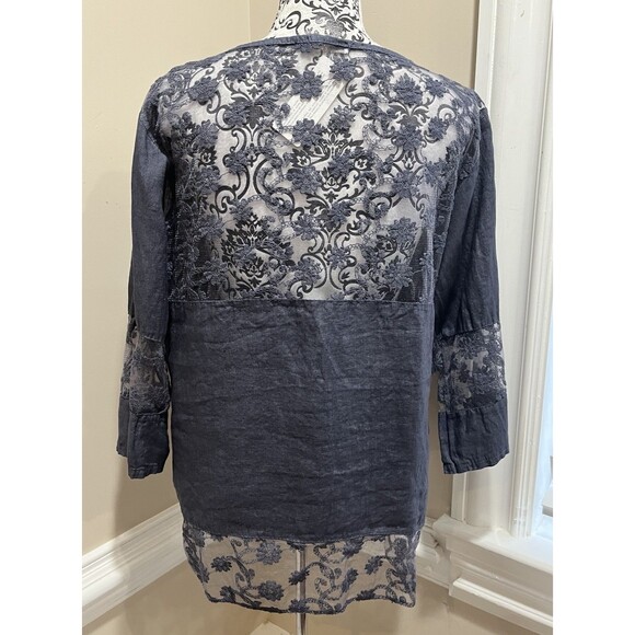 100% Linen Button Front Shacket Sz Med made in Italy Lagenlook Boho Hippie Blue - Picture 7 of 15